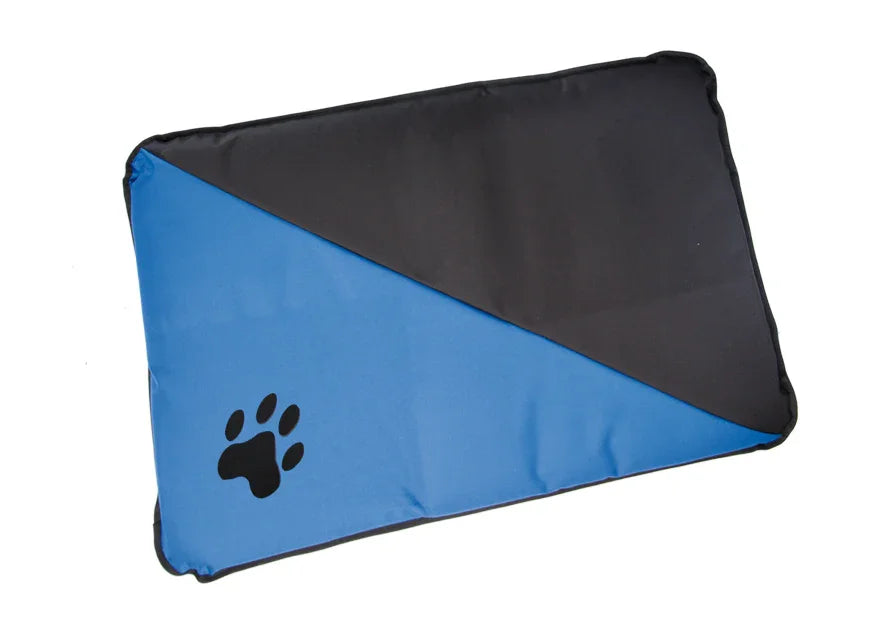 Cama rectangular para perro azul y negra con huella, cojín acolchado resistente