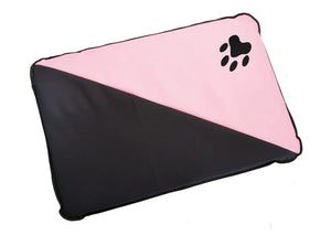 Cama rectangular para perro en rosa y negro con huella decorativa, diseño moderno