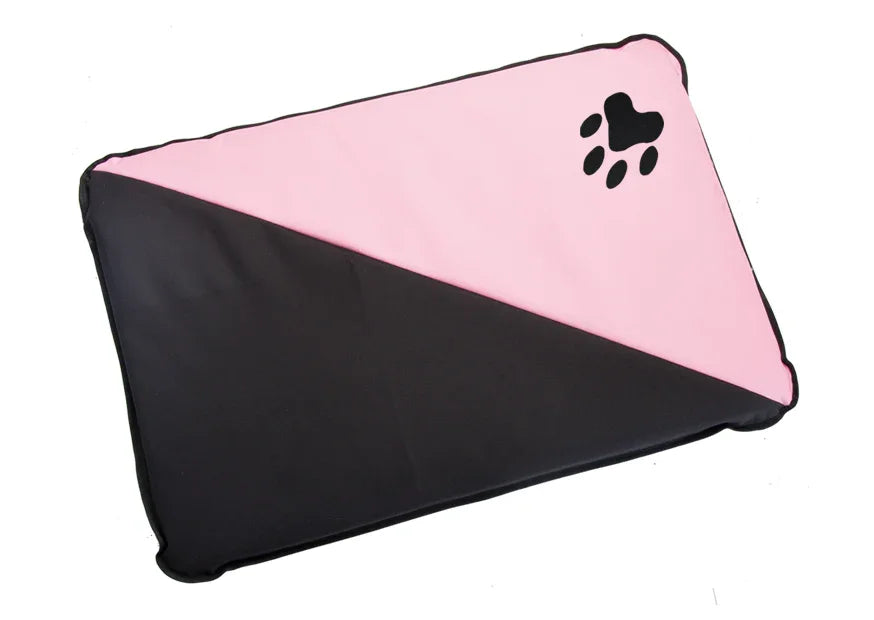 Cama rectangular para perro en rosa y negro con huella decorativa, diseño moderno