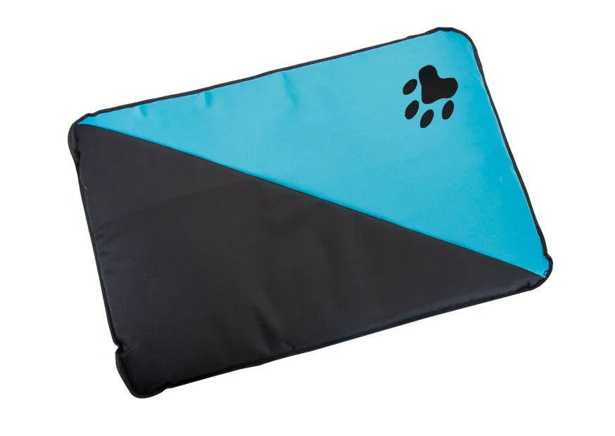 Cama para perro rectangular azul turquesa y negra con huella, impermeable y acolchada