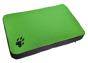 Cama rectangular verde para perro con huella estampada, acolchada y resistente
