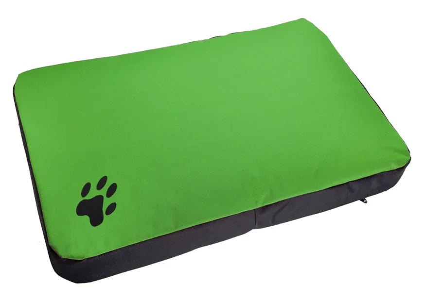 Cama rectangular verde para perro con huella estampada, acolchada y resistente