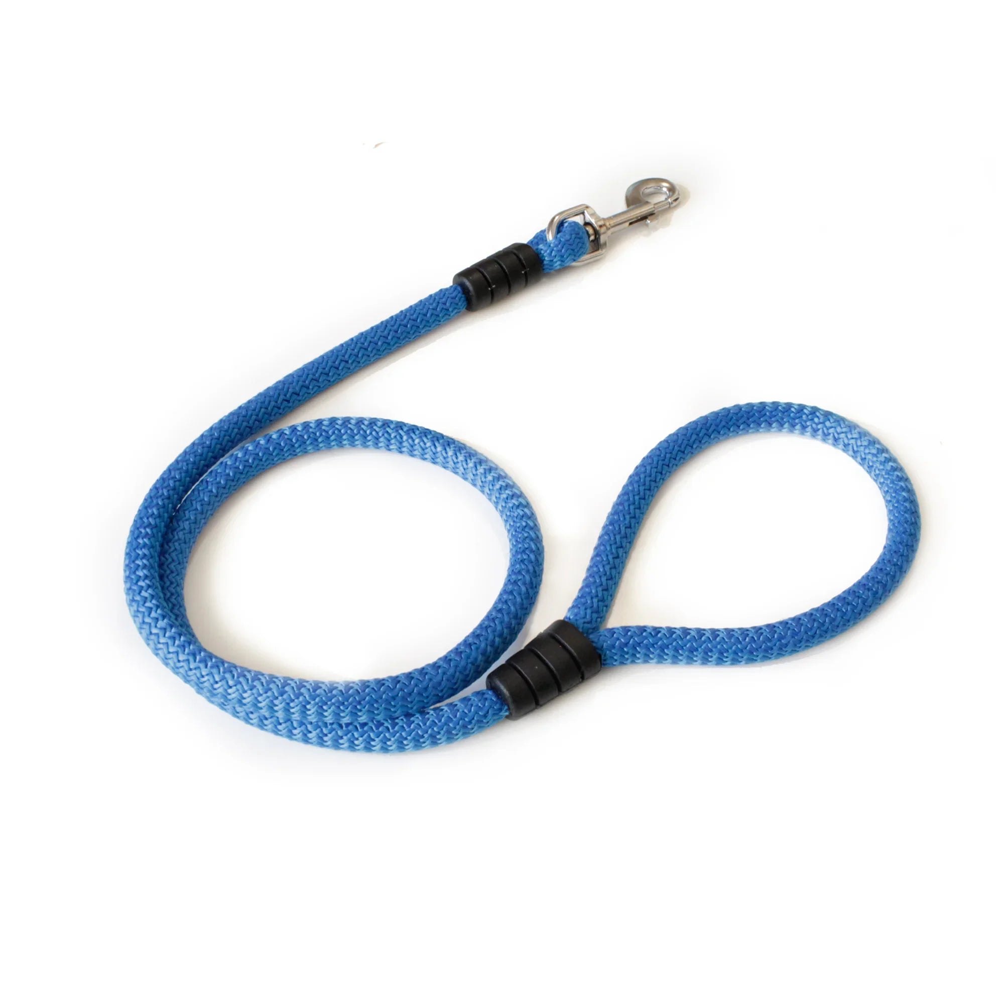 Correa azul para perro de cuerda, con gancho metálico resistente, ideal para paseos.