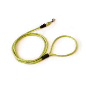 Correa para perro de cuerda resistente color lima con mosquetón metálico, sobre fondo blanco