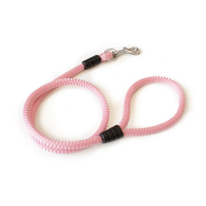 Correa rosa resistente para perro con mosquetón metálico y detalles negros, fondo blanco.