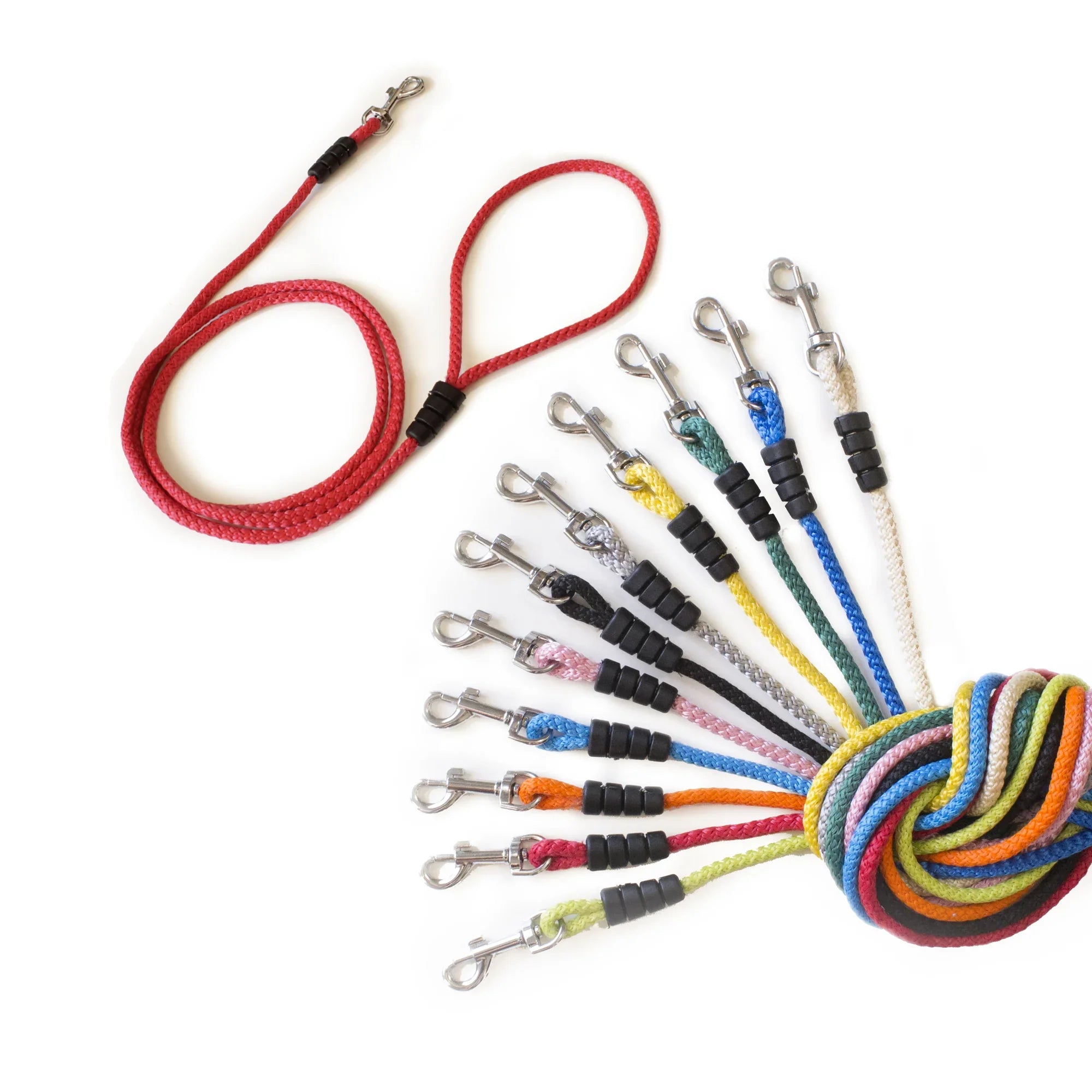 Correas para perro de colores variados con mosquetón metálico, ideales para paseo.