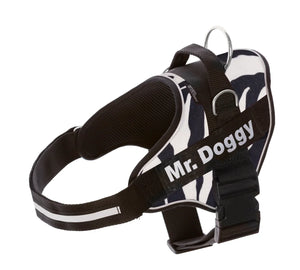 Arnés personalizado para perros y gatos con estampado cebra y nombre visible, seguro y ajustable