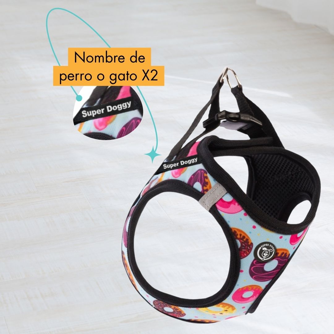 arneses, body, donuts, donas, arnes, personalizado, perros, gatos, gato, accesorios, paseos, perro, super doggy