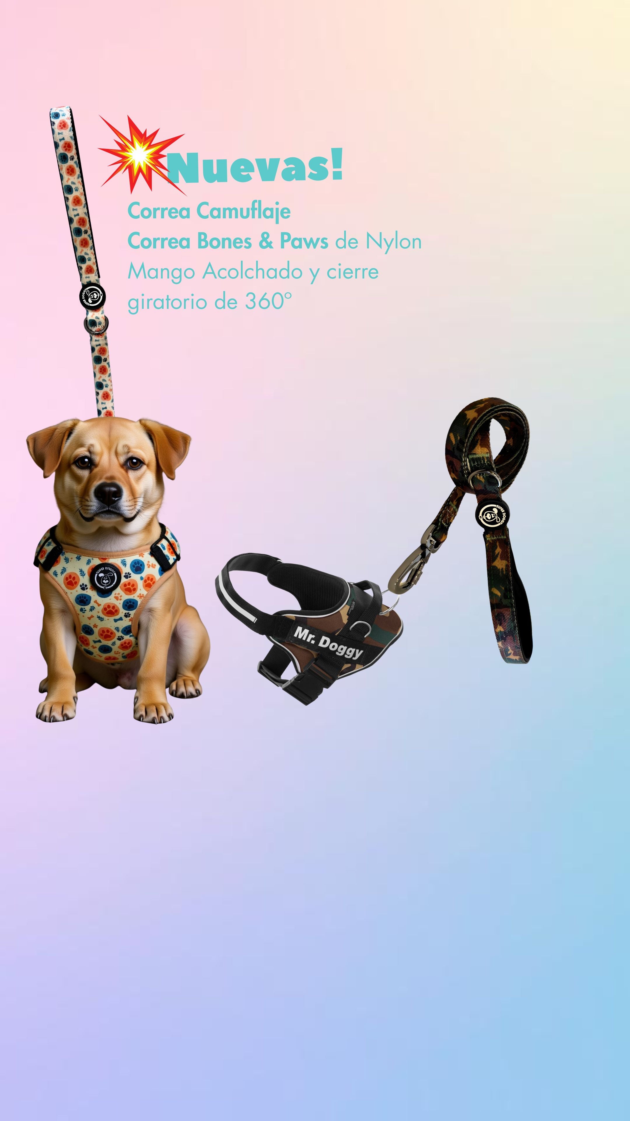 resistentes correas para perros con estampados originales de camuflaje y de bones and paws, Super Doggy