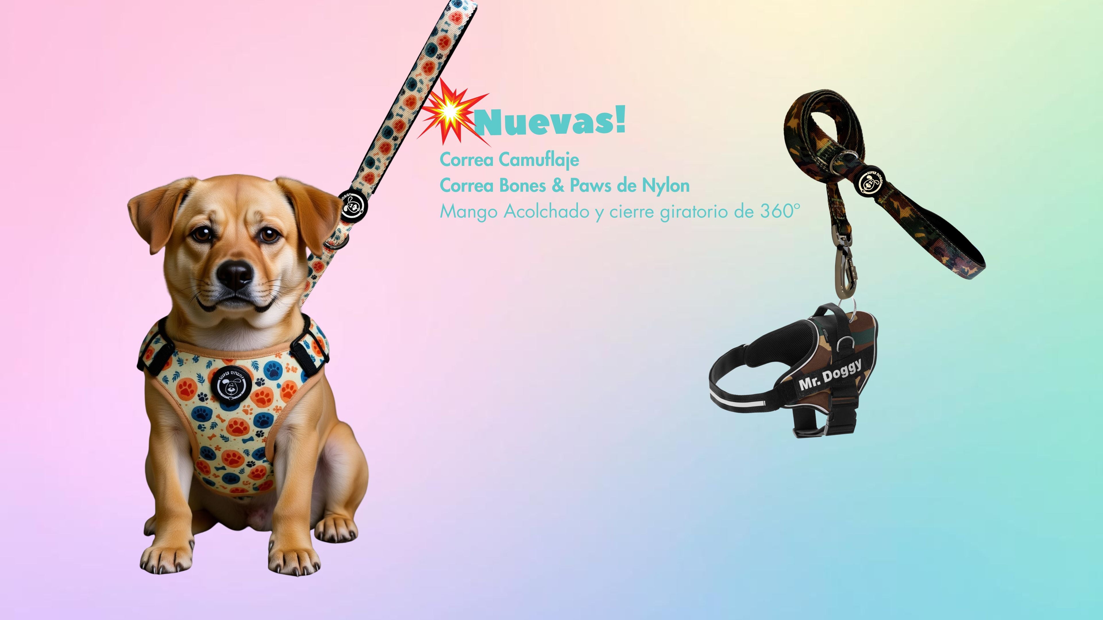 resistente correa para perros con original estampado de bones and paws, Super Doggy