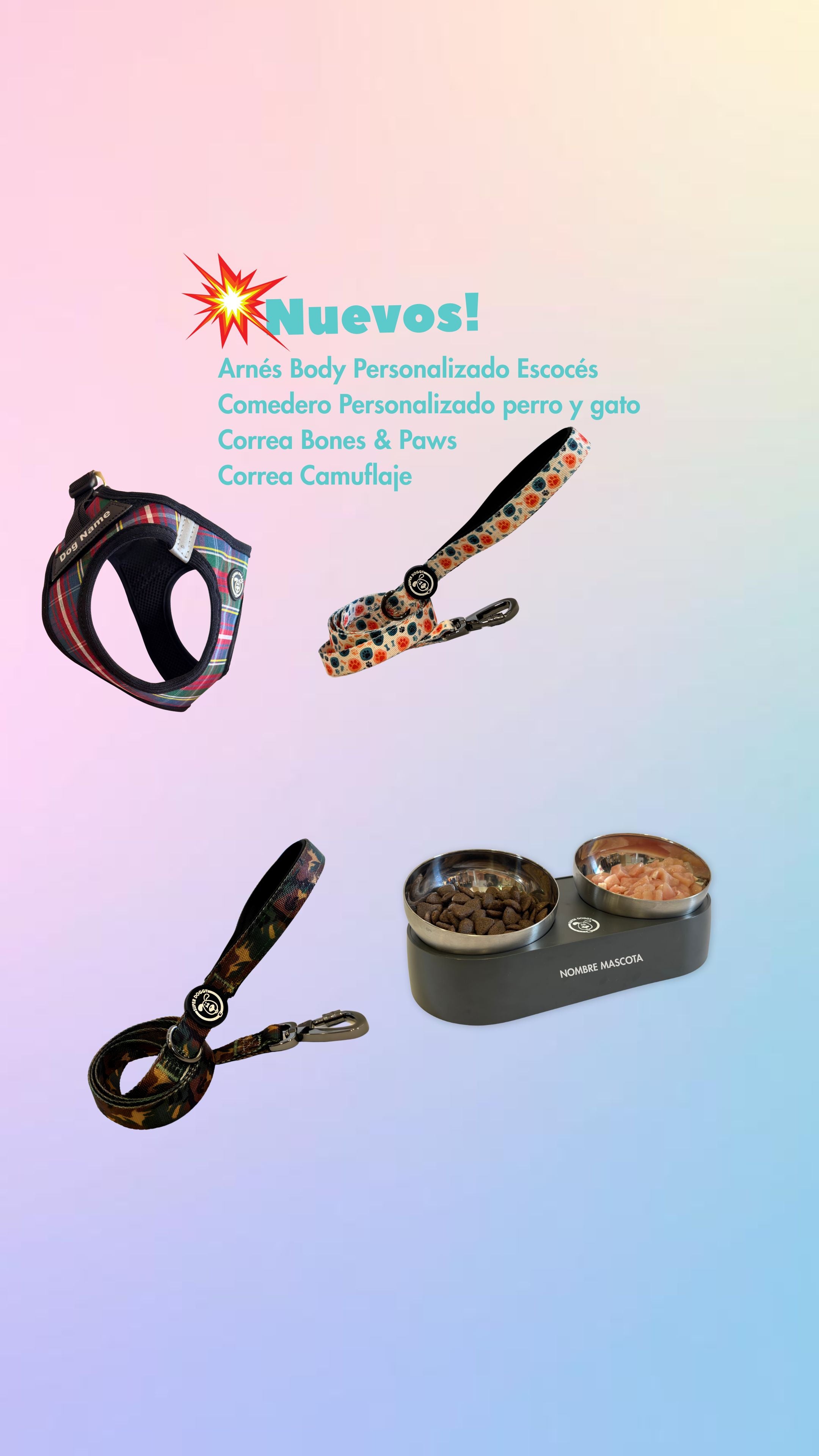 novedades en arneses, comederos, correas y accesorios personalizados para perros de Super Doggy