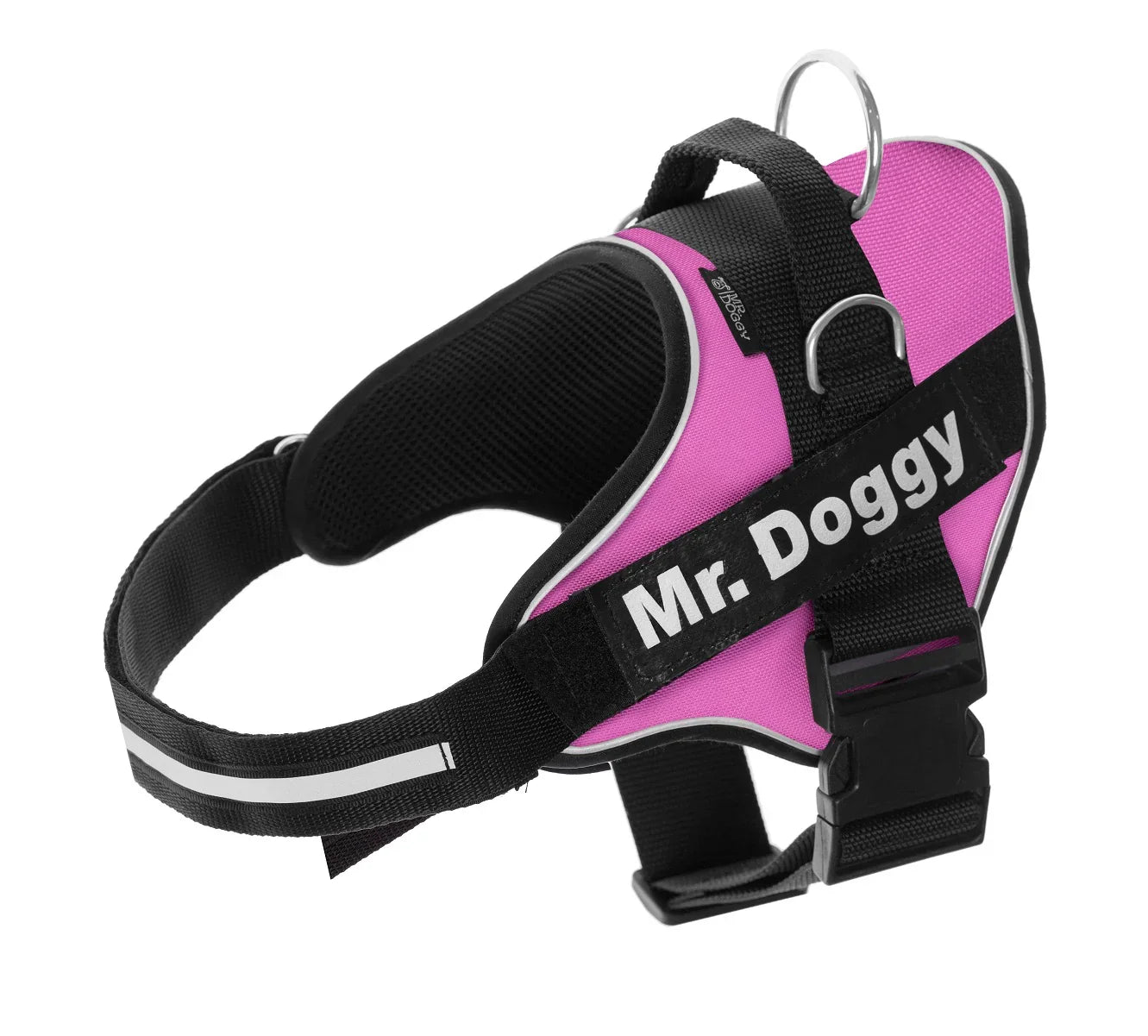 Arnés para perro color malva con hebilla negra y tiras reflectantes, personalizado con 'Mr. Doggy'.