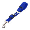 Cinturón de seguridad azul para perro, ajustable, con hebilla metálica y gancho resistente.